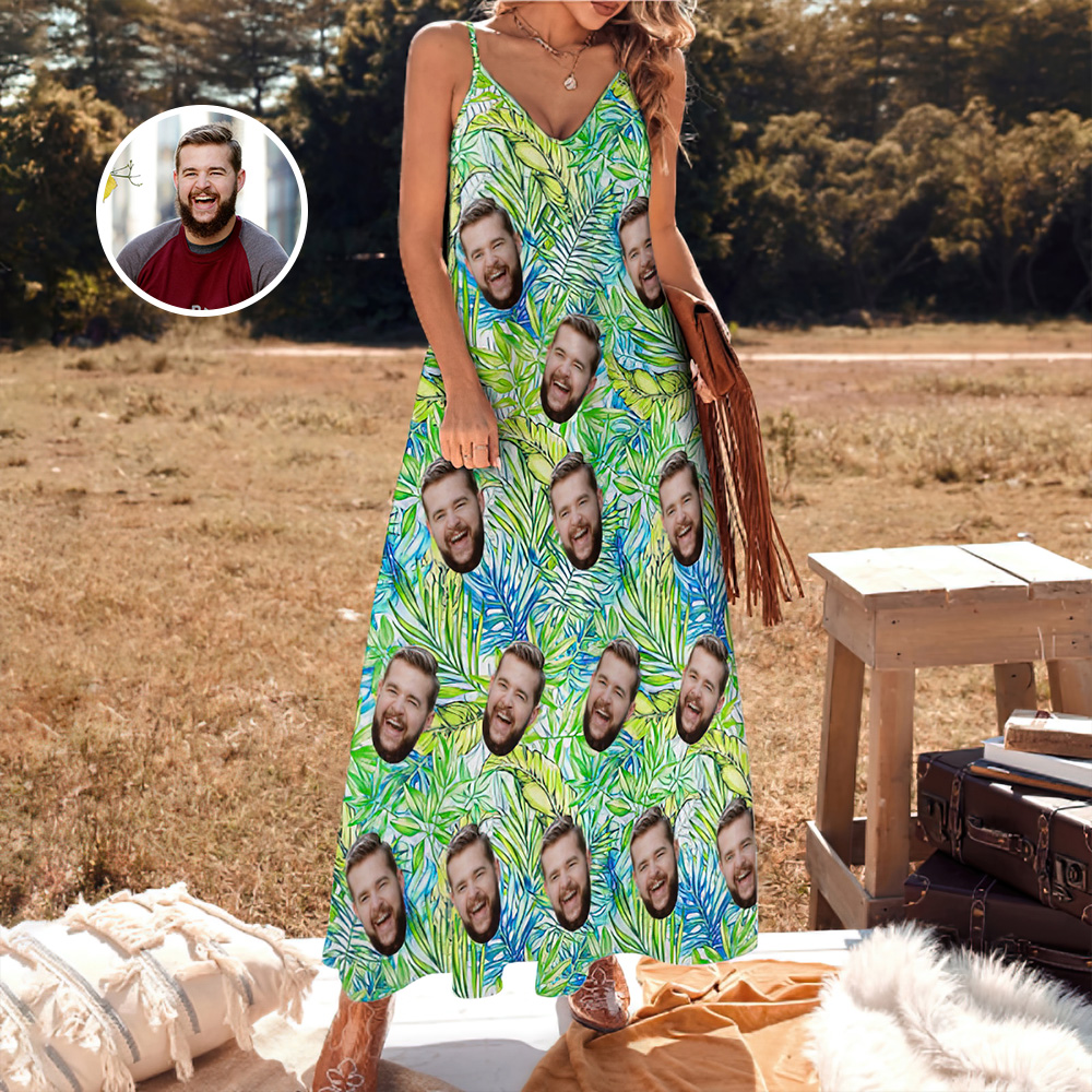 Custom Face Sling Hawaiian Style Long Dress Tropical Leaves Hawaiian Aloha Dress - MyFaceUnderwearAU