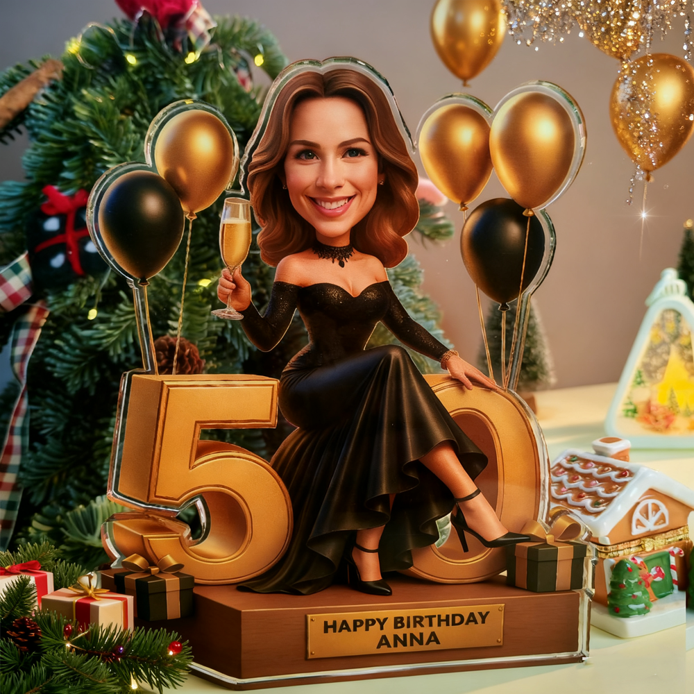 50th Birthday Portrait Caricature Gift Personalized for Women 2D Look 3D Pop