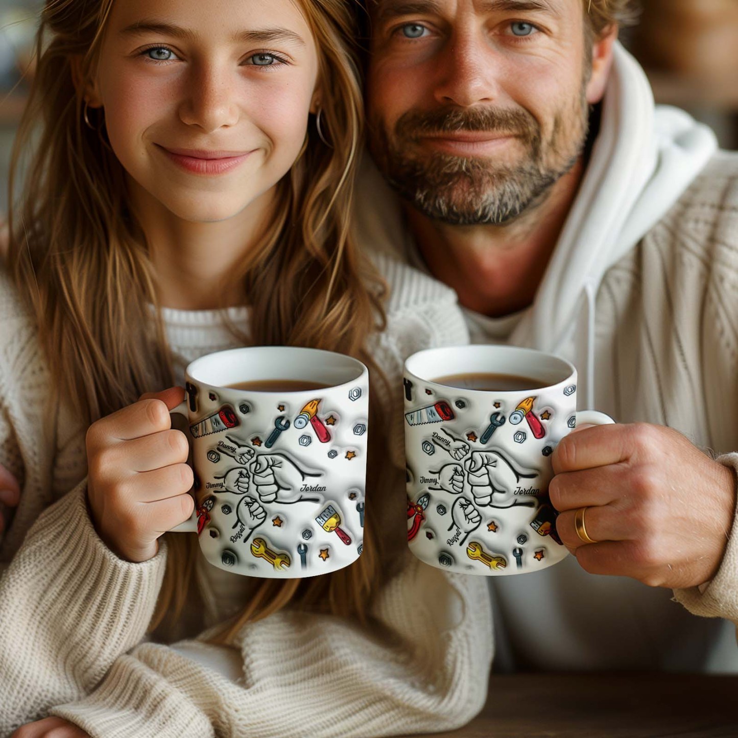 Father's Day Gifts Personalized Names Custom 3D Inflated Effect Printed Mug 1-6 Kids - GiftLabau