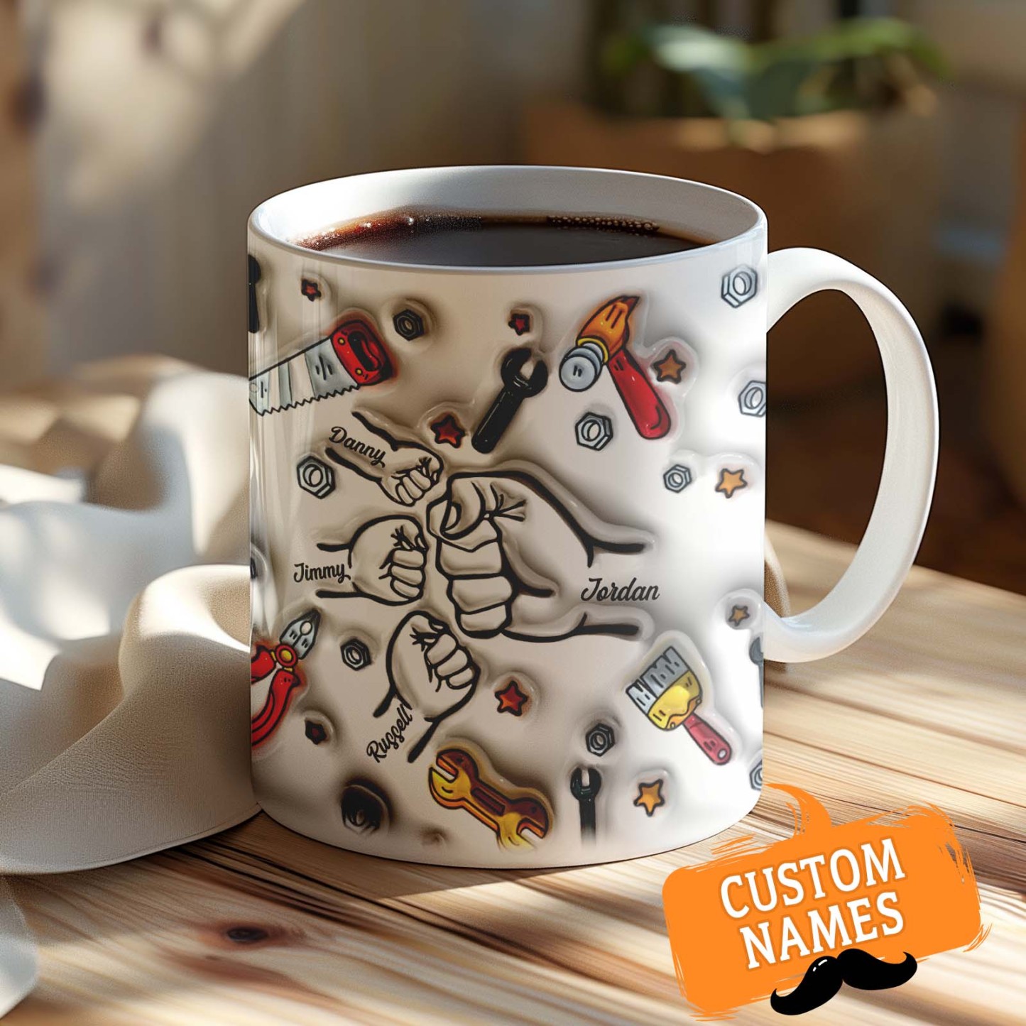Father's Day Gifts Personalized Names Custom 3D Inflated Effect Printed Mug 1-6 Kids - GiftLabau