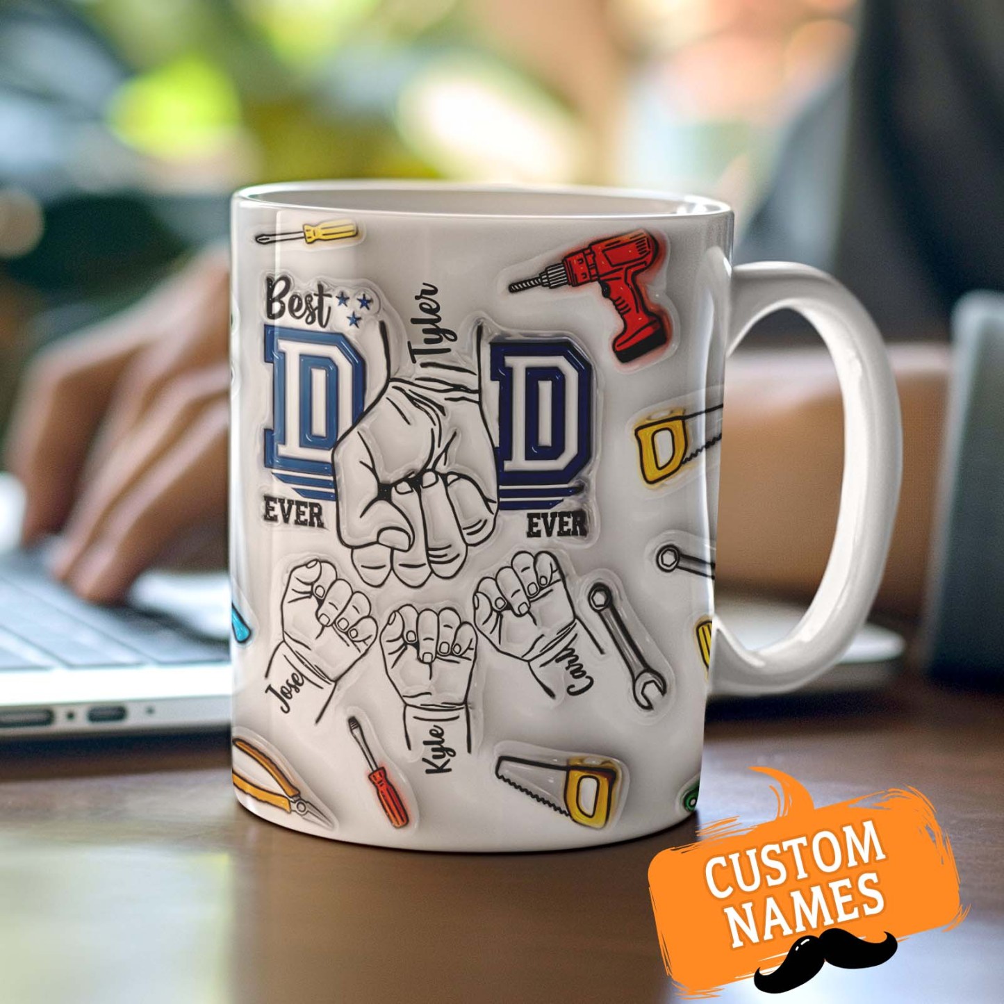 Father's Day Gifts Custom 1-6 Kids Personalized Names 3D Inflated Effect Printed Mug Best Dad Ever - GiftLabau