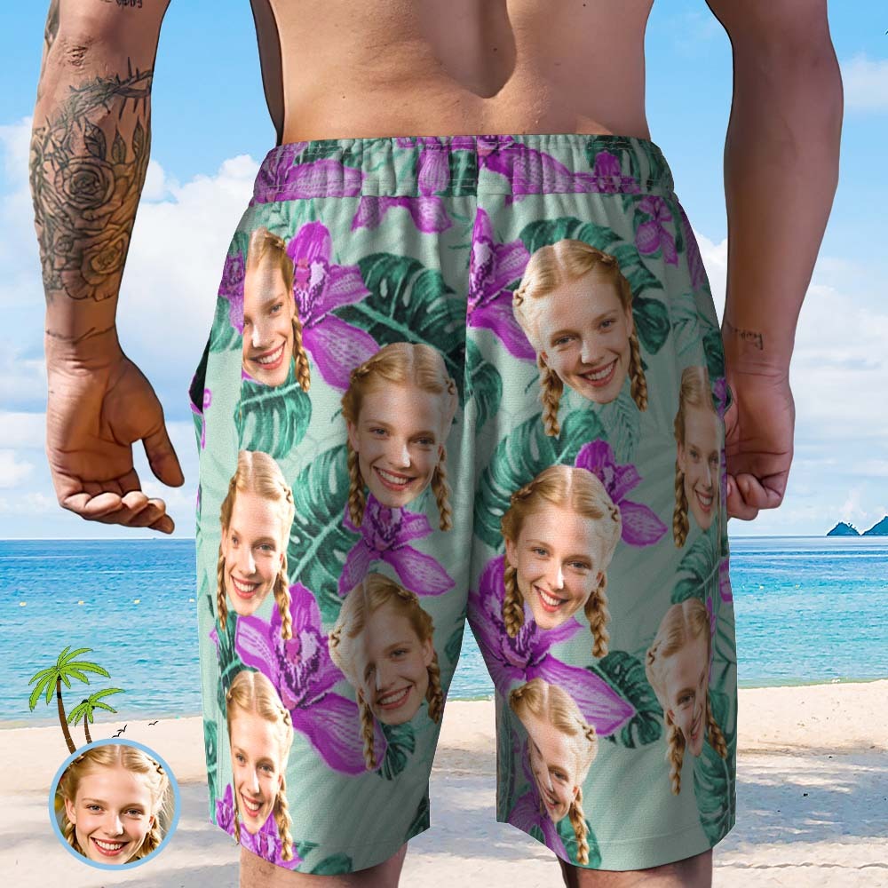 Personalized Face Beach Short Custom Photo Swim Trunks Random Tropical Print Shorts for Dad - MyFaceUnderwearAU