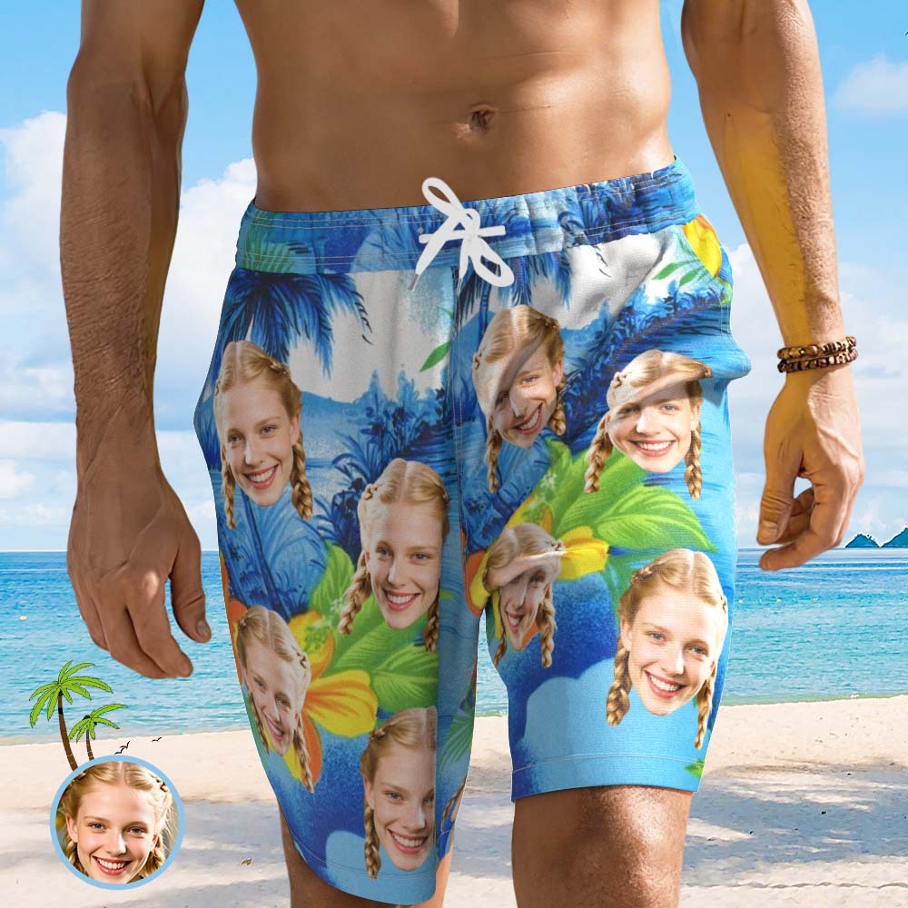 Personalized Face Beach Short Custom Photo Swim Trunks Random Tropical Print Shorts - MyFaceUnderwearAU
