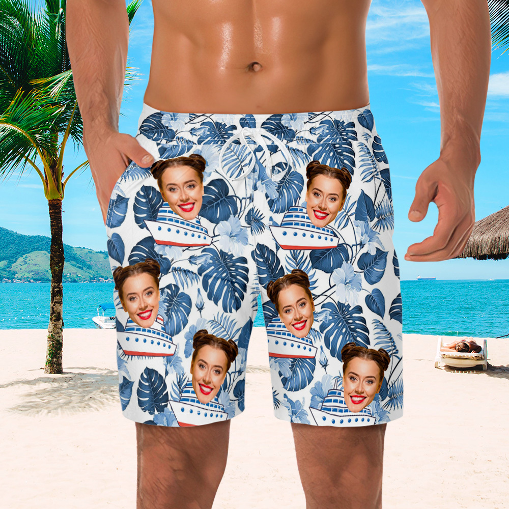 Custom Photo Cruise Ship Beach Shorts Gift For Traveling Lovers Personalized Green Leaves Face Beach Shorts - MyFaceUnderwearAU