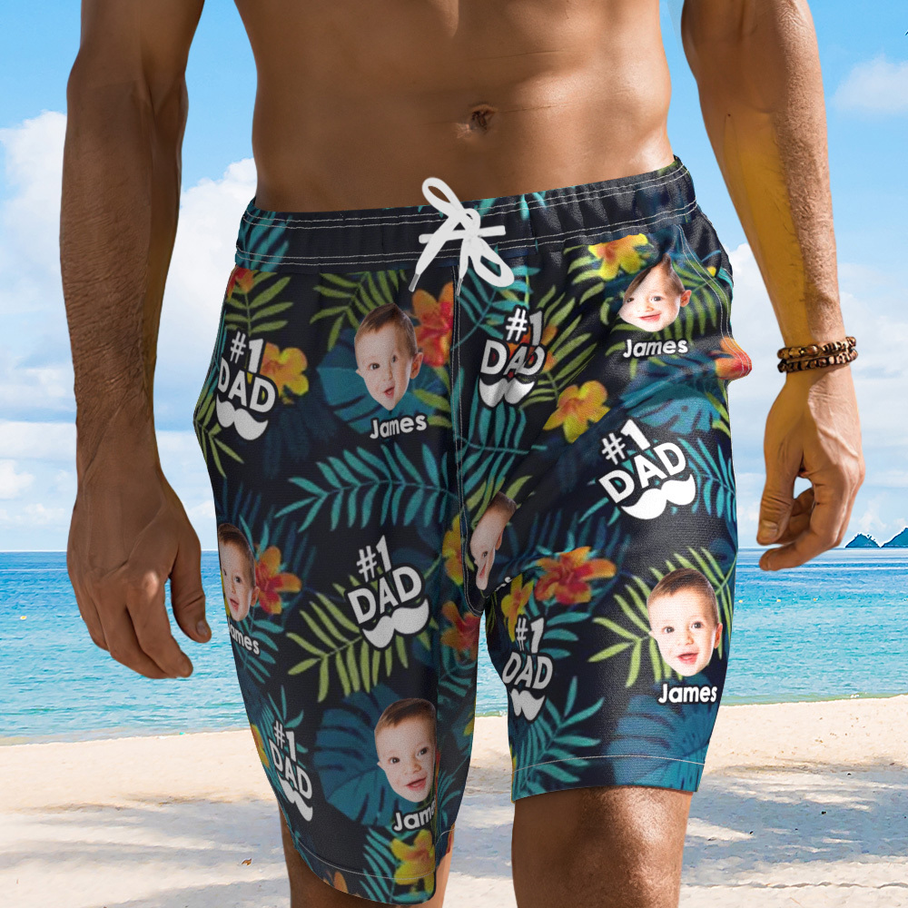 Personalized Face Mens Swim Trunks Custom Best Dad Ever Tropical Swim Green Shorts Fathers Day Gift - MyFaceUnderwearAU