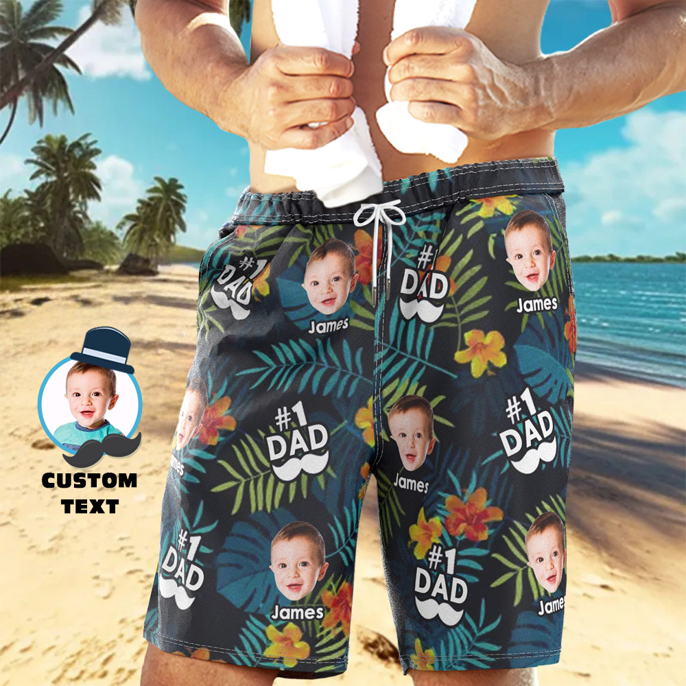 Personalized Face Mens Swim Trunks Custom Best Dad Ever Tropical Swim Green Shorts Fathers Day Gift - MyFaceUnderwearAU