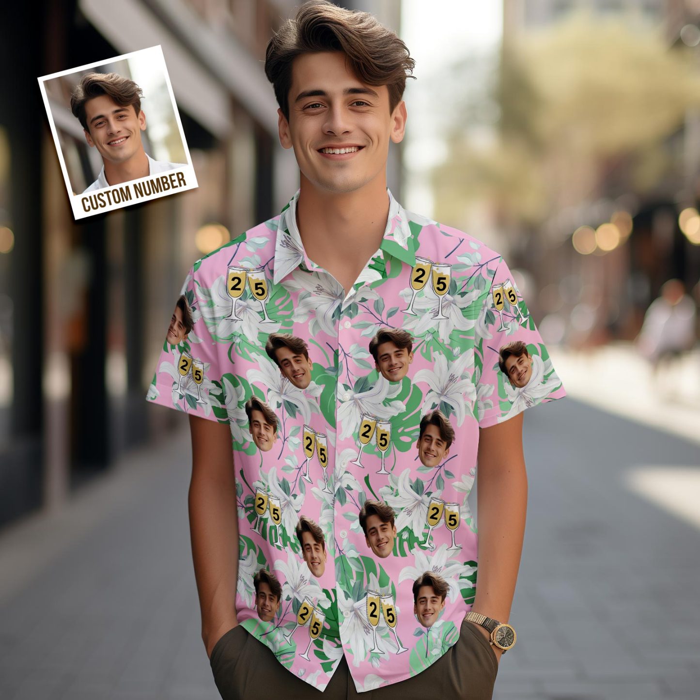Custom Face Hawaiian Shirt Number in Wine Glass Pink And Green Sleeves Face Hawaiian Shirt Gift for Him - MyFaceUnderwearAU