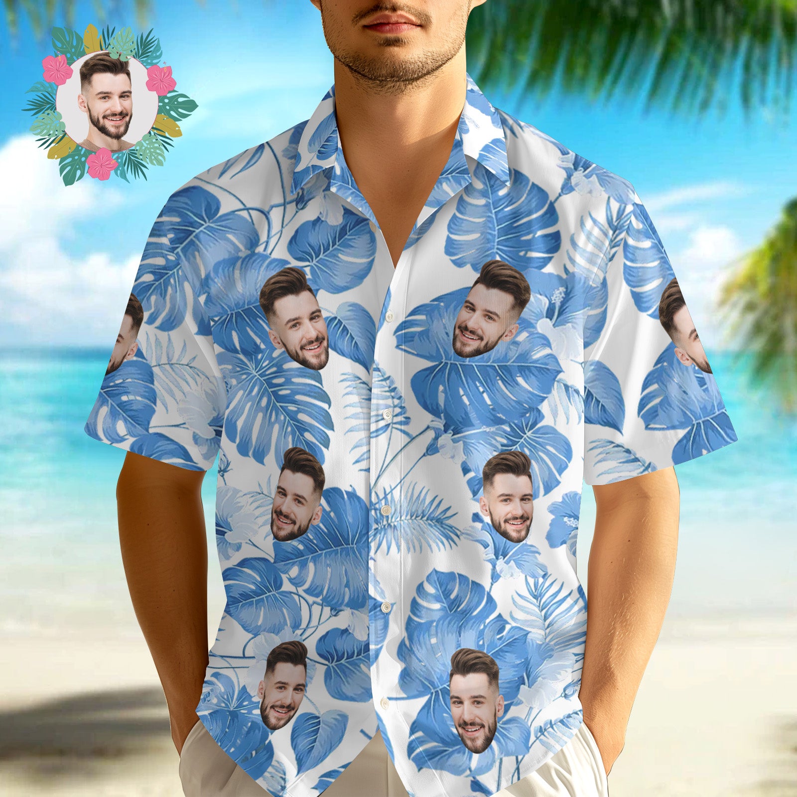 Custom Face Hawaiian Shirts Tropical Sleeves and Flowers Face Light Blue Hawaiian Shirt - MyFaceUnderwearAU