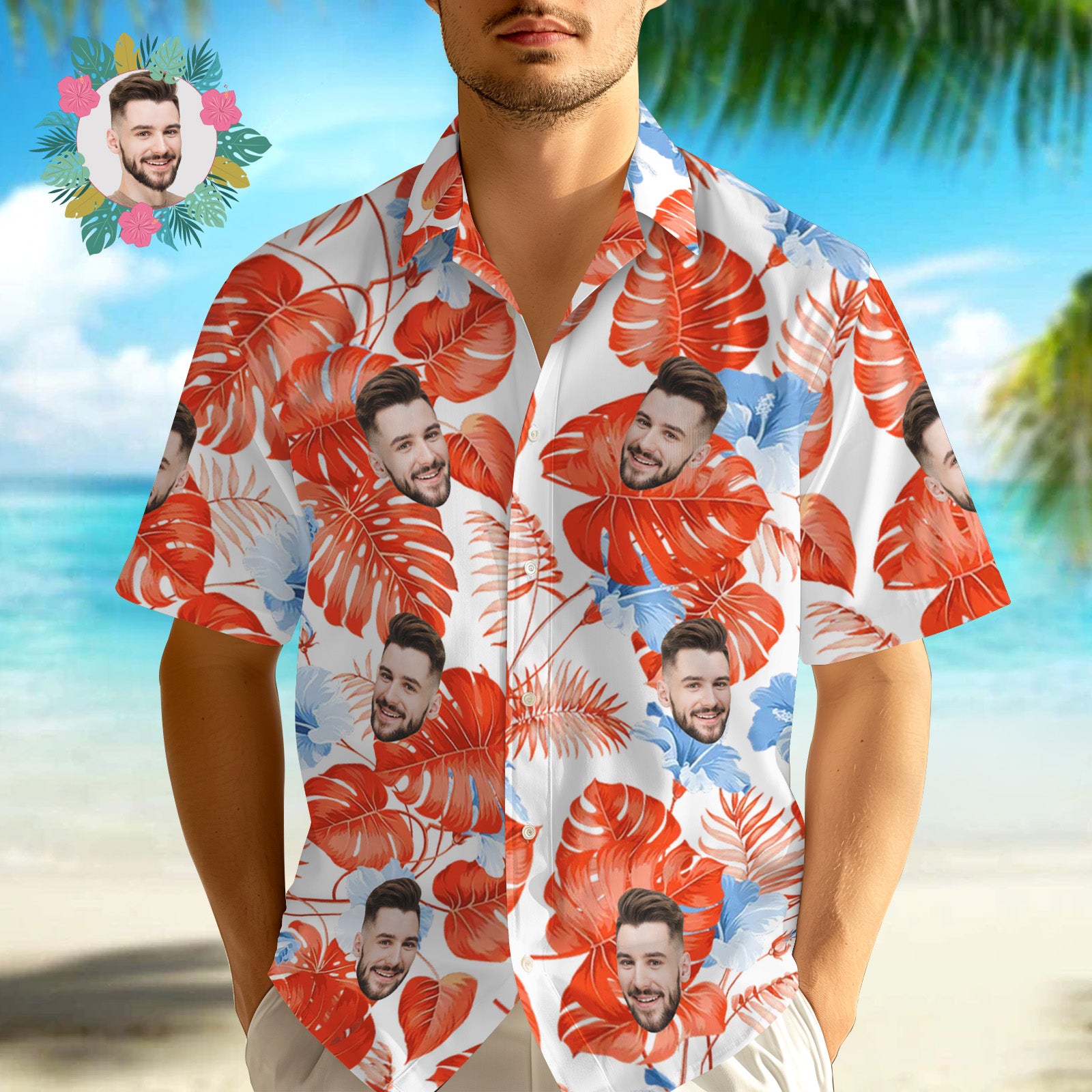 Custom Face Hawaiian Shirts Tropical Red Sleeves and Flowers Face Hawaiian Shirt - MyFaceUnderwearAU