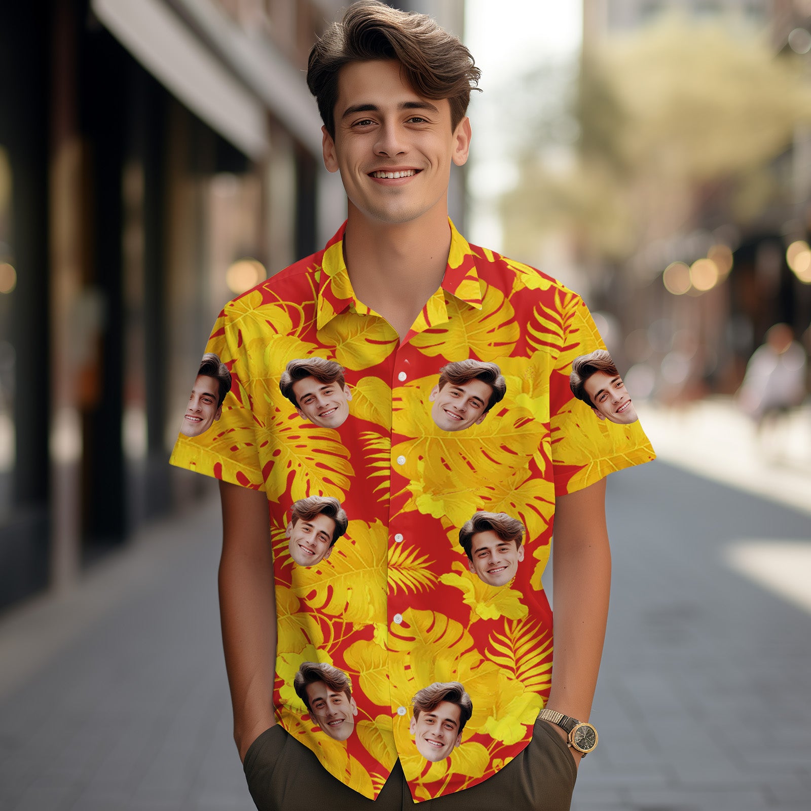 Custom Face Hawaiian Shirts Tropical Sleeves and Flowers Face Red Hawaiian Shirt - MyFaceUnderwearAU