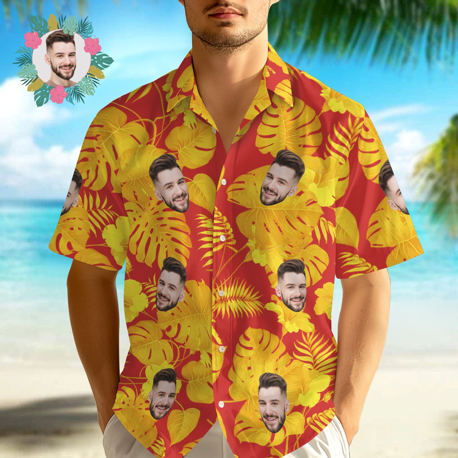 Custom Face Hawaiian Shirts Tropical Sleeves and Flowers Face Red Hawaiian Shirt - MyFaceUnderwearAU