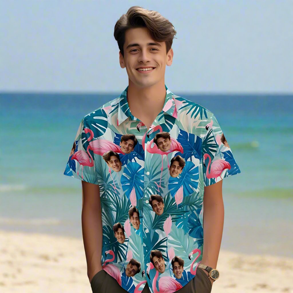 Custom Face Hawaiian Shirts  Flamingo Leaves Blue Hawaiian Shirt