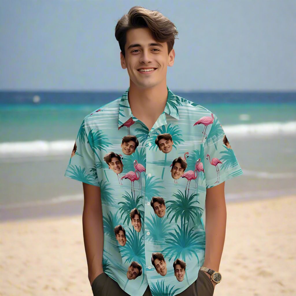 Custom Face Hawaiian Shirts Light Green Flamingo Leaves Hawaiian Shirt