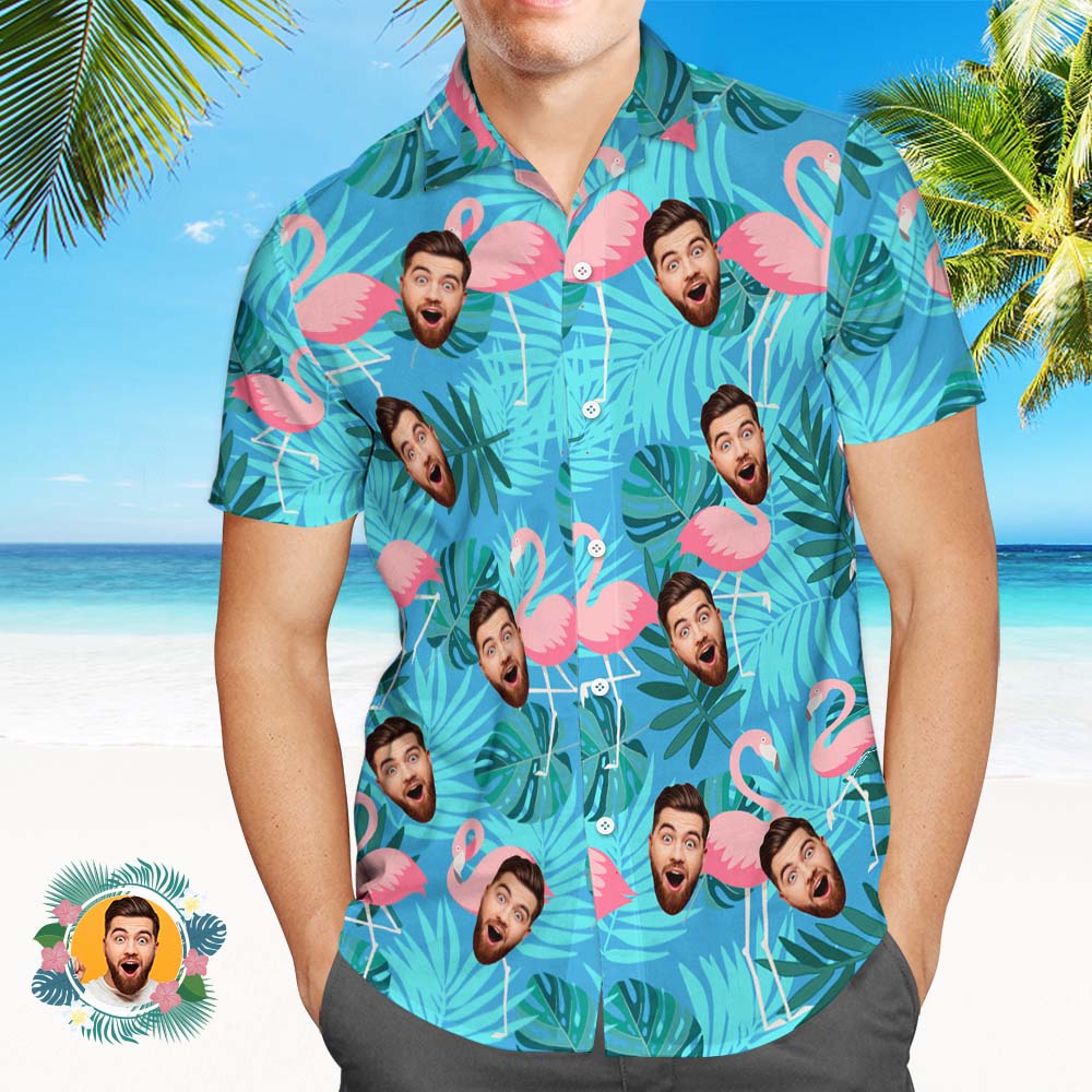 Custom Face Hawaiian Shirts Colorful Blue Flamingos Face Hawaiian Shirt
