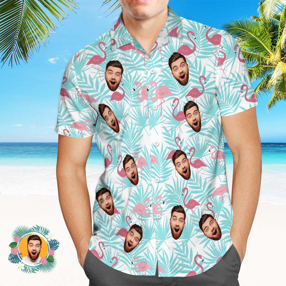 Custom Face Hawaiian Shirts Colorful Light Blue Flamingos Face Hawaiian Shirt - MyFaceUnderwearAU