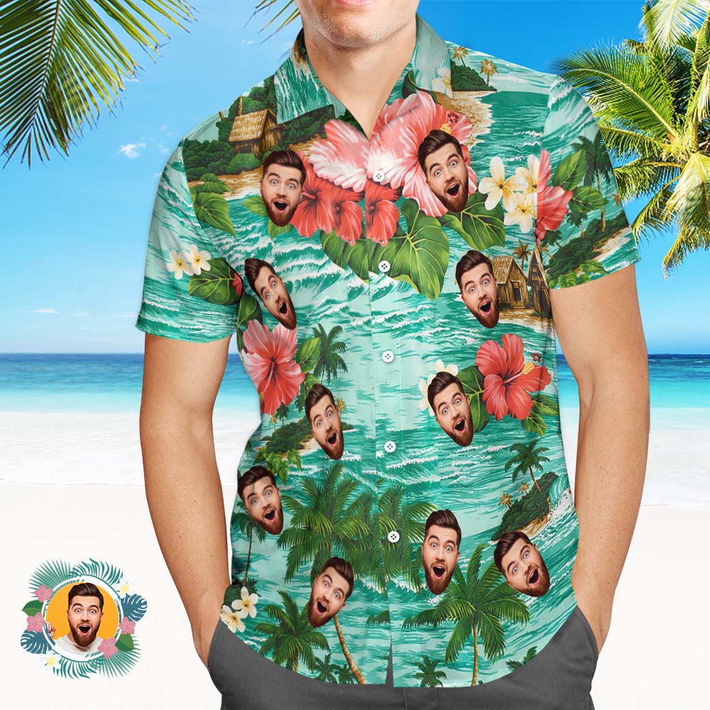 Custom Face Hawaiian Shirt  Green Beach Emerald Waters Face Hawaiian Shirt - MyFaceUnderwearAU
