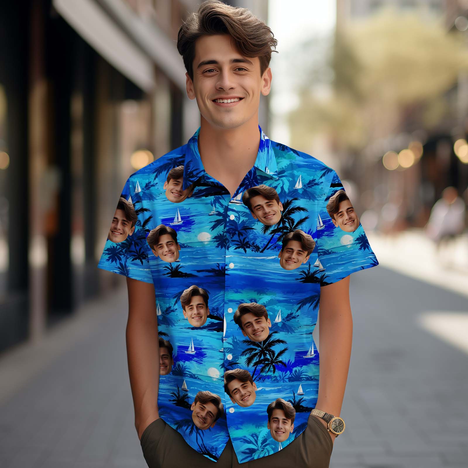 Custom  Blue Island Men's Hawaiian Shirt Summer Hawaiian Shirt