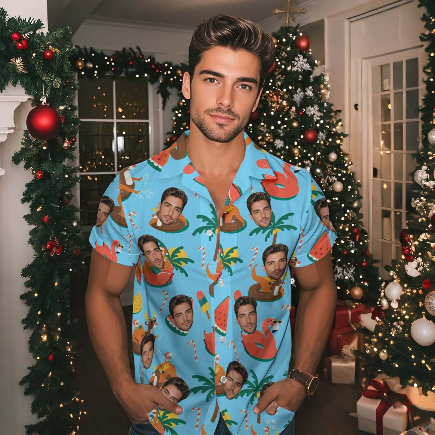Personalized Face Men's Hawaiian Shirt Personalized Santa Beach Holiday Christmas Face Hawaiian Shirt