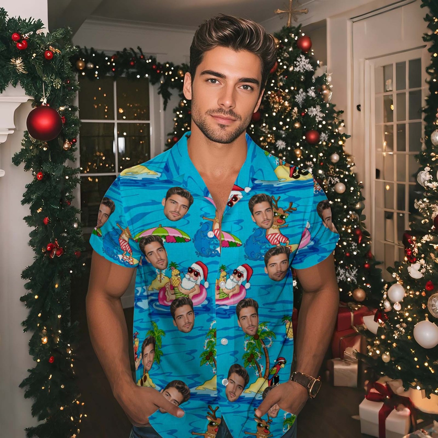 Personalized Face Men's Hawaiian Shirt Personalized Santa Beach Holiday Christmas Face Hawaiian Shirt