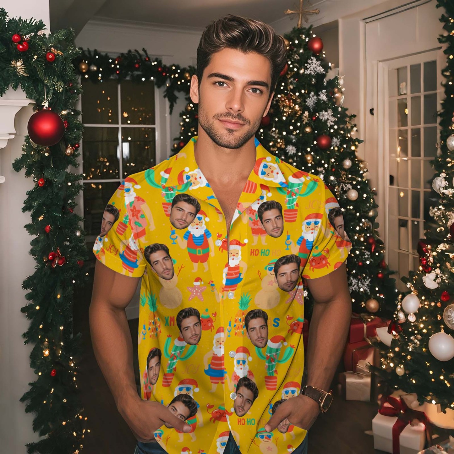 Personalized Face Men's Hawaiian Shirt Personalized Santa Beach Holiday Christmas Face Hawaiian Shirt