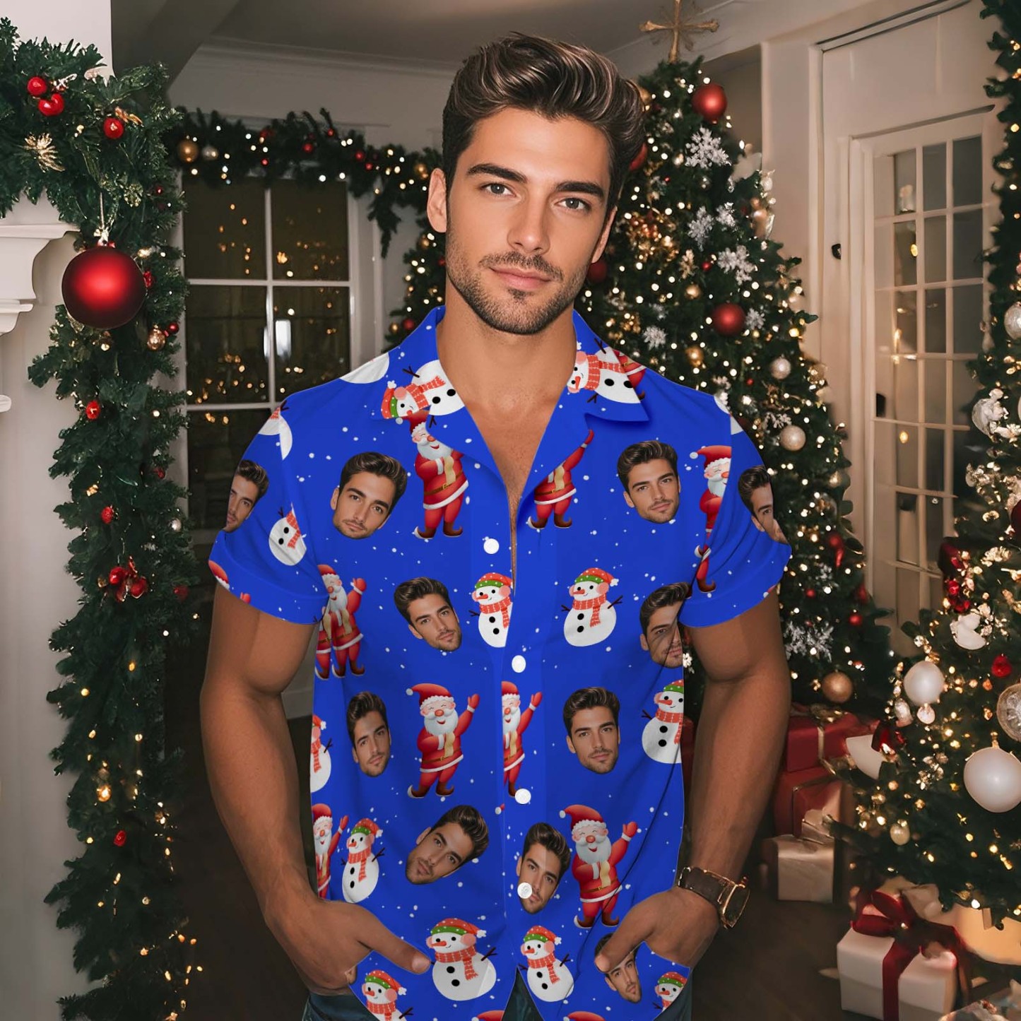 Personalized Face Men's Hawaiian Shirt Personalized Santa Beach Holiday Christmas Face Hawaiian Shirt