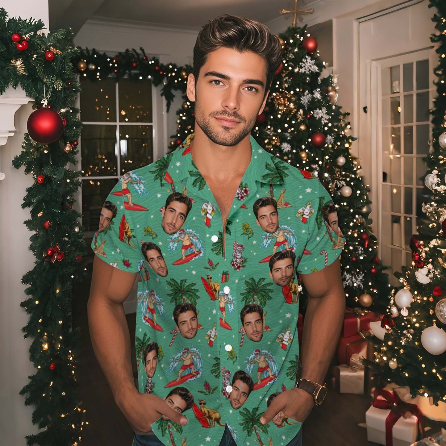 Personalized Face Men's Hawaiian Shirt Personalized Santa Beach Holiday Christmas Face Hawaiian Shirt
