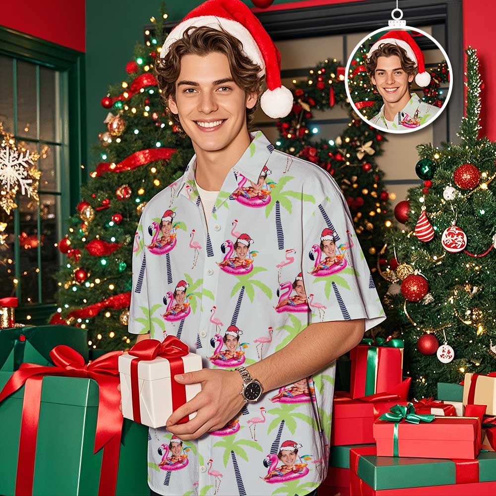 Custom Face Hawaiian Shirt Personalized Flamingo Leaves Tree Christmas Hawaiian Shirt Face Hawaiian Shirt Gift