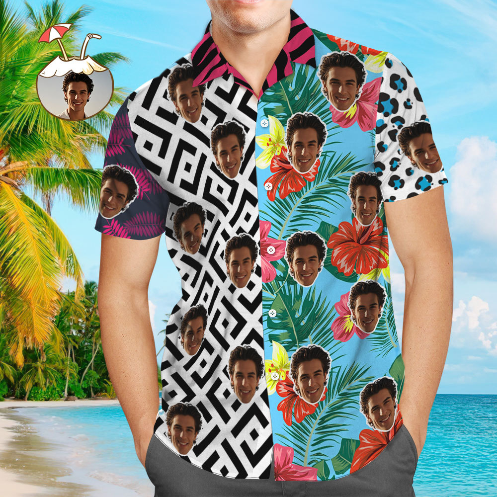 Custom Face Hawaiian Shirt Colorful Hawaiian Shirt Patchwork Pattern Style Shirt - MyFaceUnderwearAU