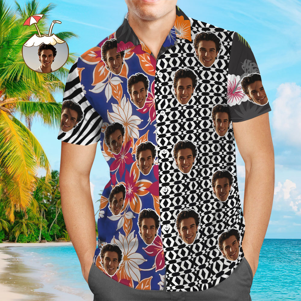 Custom Face Hawaiian Shirt Colorful Hawaiian Shirt Patchwork Pattern Style Shirt - MyFaceUnderwearAU
