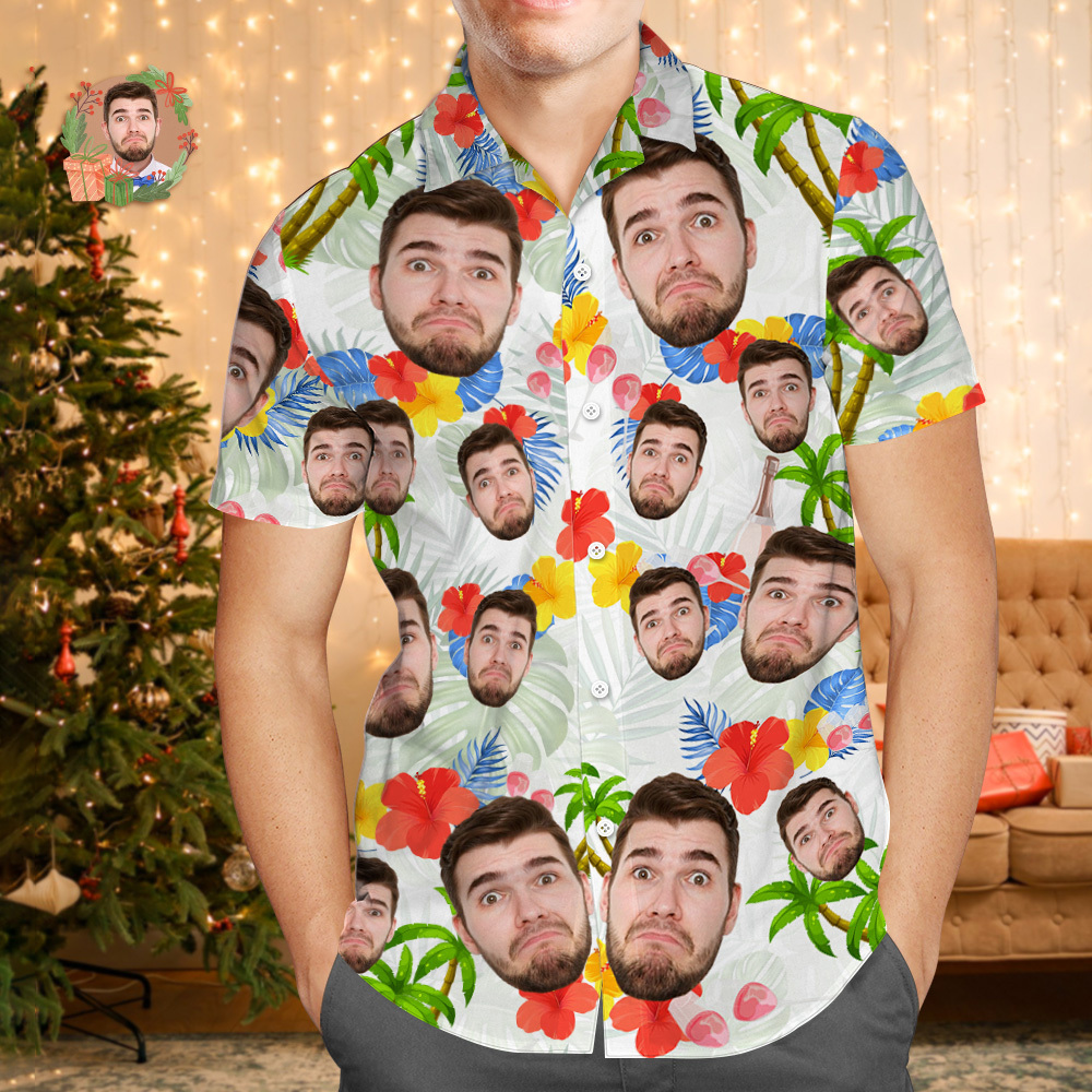 Custom Face Hawaiian Shirt Personalized Birthday Flowers And Leaves Beach Holiday Christmas Face Hawaiian Shirt - MyFaceUnderwearAU