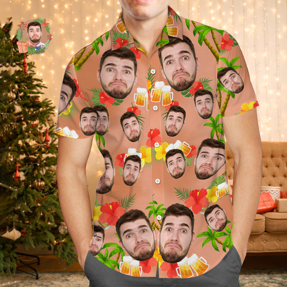 Custom Face Hawaiian Shirt Personalized Birthday Flowers And Leaves Beach Holiday Christmas Face Hawaiian Shirt - MyFaceUnderwearAU