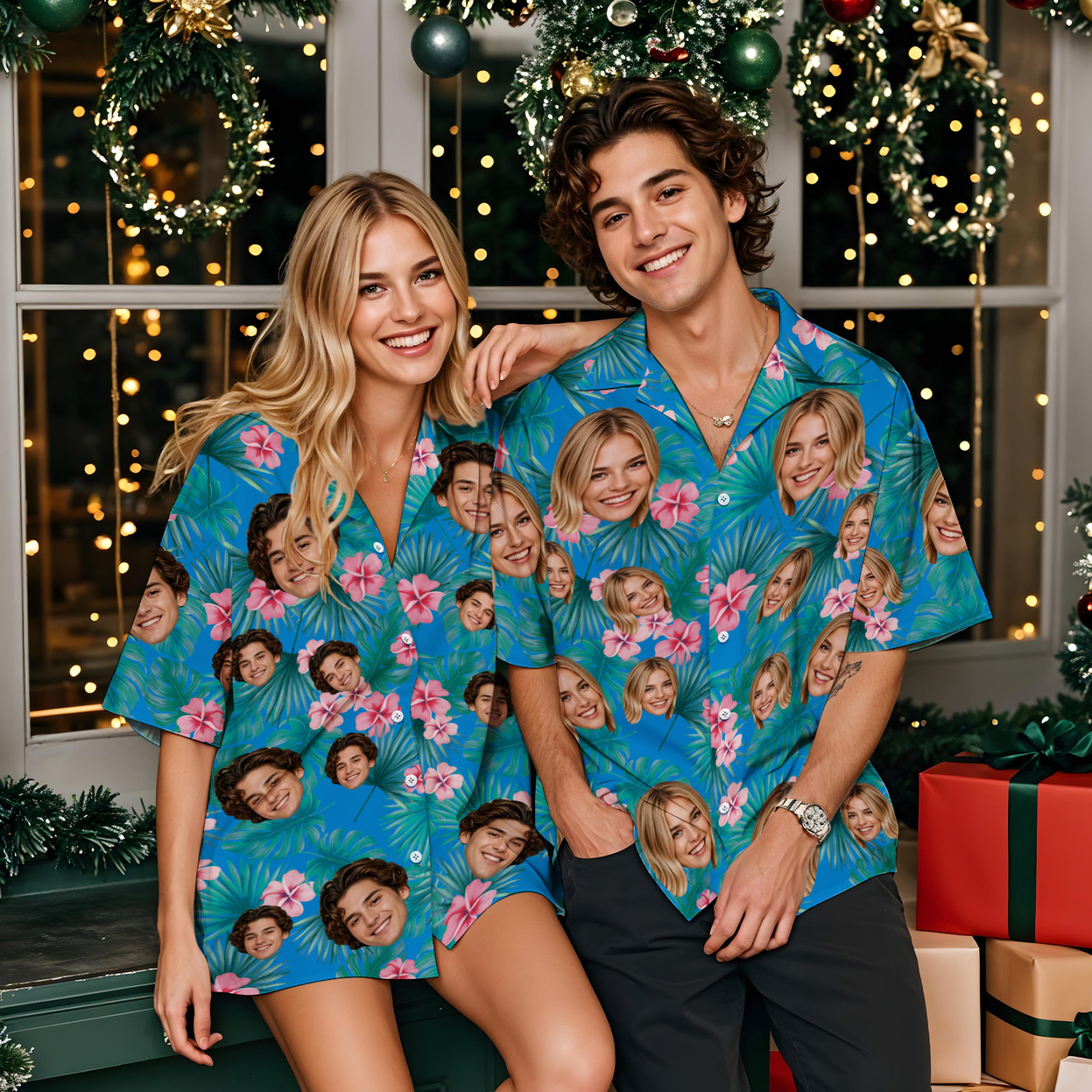 Custom Face Hawaiian Shirt Personalized Xmas Lights Flamingo Flowers And Leaves Beach Holiday Christmas Face Hawaiian Shirt - MyFaceUnderwearAU