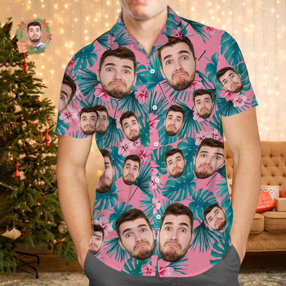 Custom Face Hawaiian Shirt Personalized Xmas Lights Flamingo Flowers And Leaves Beach Holiday Christmas Face Hawaiian Shirt - MyFaceUnderwearAU