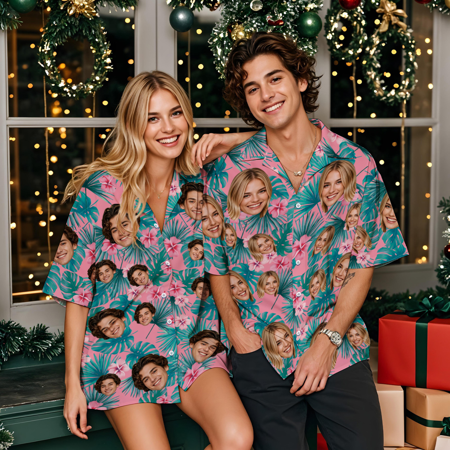 Custom Face Hawaiian Shirt Personalized Xmas Lights Flamingo Flowers And Leaves Beach Holiday Christmas Face Hawaiian Shirt - MyFaceUnderwearAU