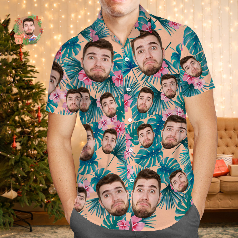 Custom Face Hawaiian Shirt Personalized Xmas Lights Flamingo Flowers And Leaves Beach Holiday Christmas Face Hawaiian Shirt - MyFaceUnderwearAU