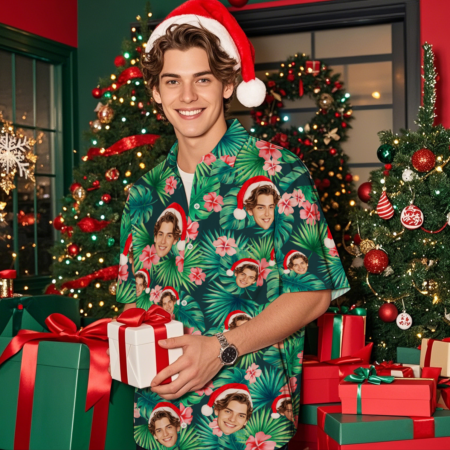 Custom Face Hawaiian Shirt Personalized Xmas Lights Flamingo Flowers And Leaves Beach Holiday Christmas Face Hawaiian Shirt - MyFaceUnderwearAU