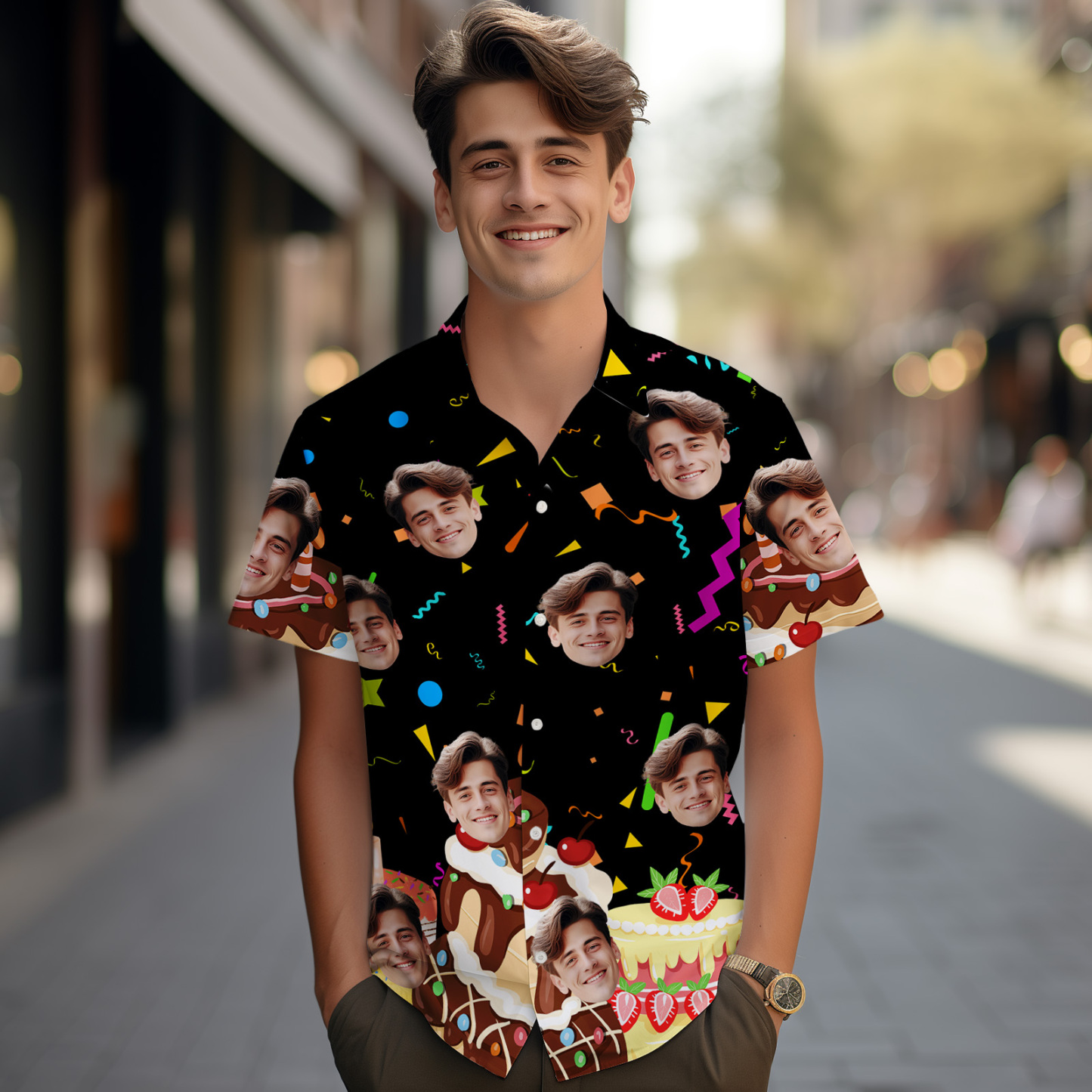 Custom Face Hawaiian Shirt Personalized Birthday Cake Name and Age Face Men Hawaiian Shirt Birthday Party Gift - MyFaceUnderwearAU