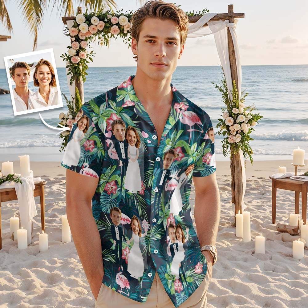 Personalized Face Hawaiian Shirt Wedding Tropical Green Flamingo Face Hawaiian Shirt Wedding Favor - MyFaceUnderwearAU
