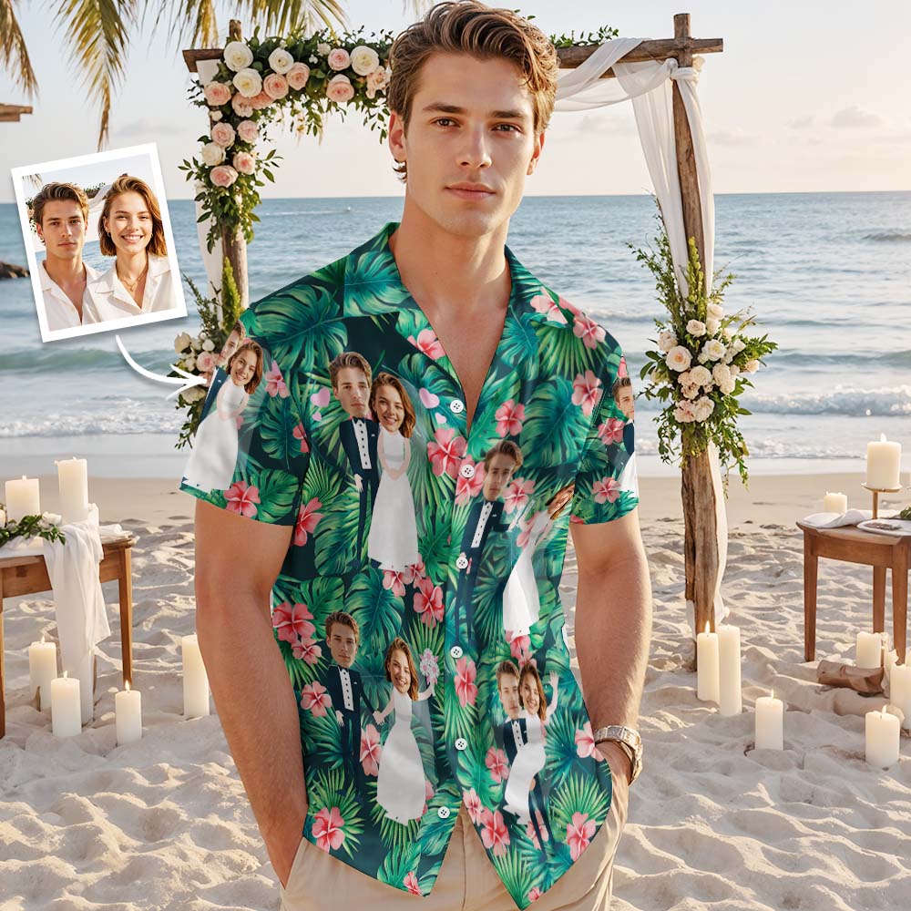 Personalized Face Hawaiian Shirt Wedding Green Leaves Face Hawaiian Shirt Wedding Favor - MyFaceUnderwearAU