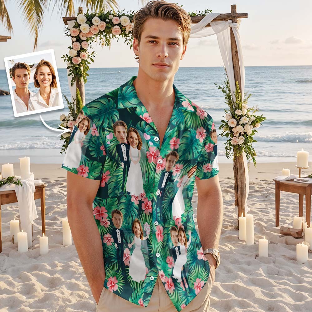 Personalized Face Hawaiian Shirt Wedding Tropical Green Flamingo Face Hawaiian Shirt Wedding Favor - MyFaceUnderwearAU