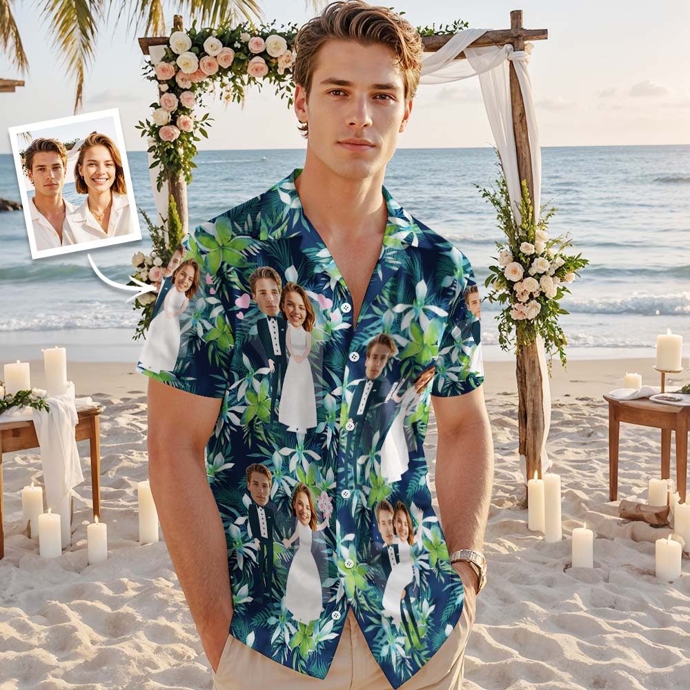 Personalized Face Hawaiian Shirt Wedding Tropical Green Flamingo Face Hawaiian Shirt Wedding Favor - MyFaceUnderwearAU