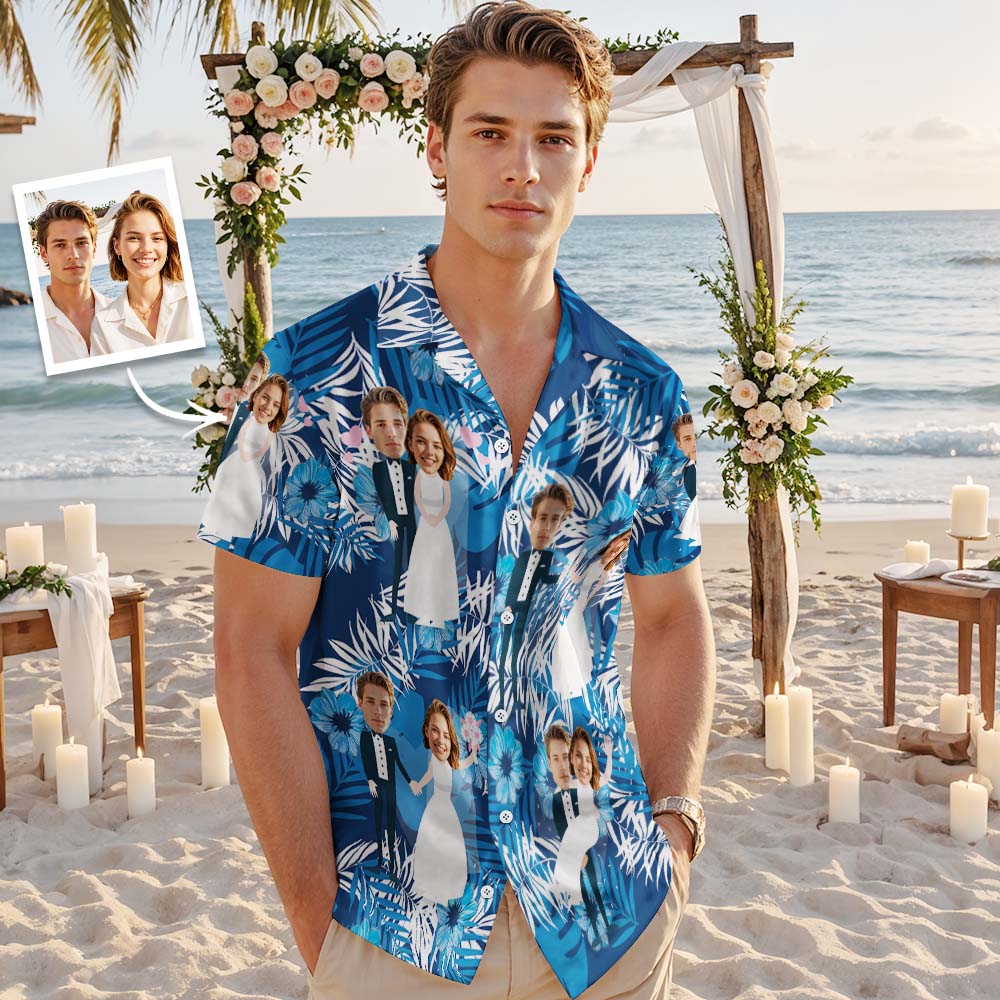 Personalized Face Hawaiian Shirt Wedding Blue Leaves Face Hawaiian Shirt Wedding Favor - MyFaceUnderwearAU