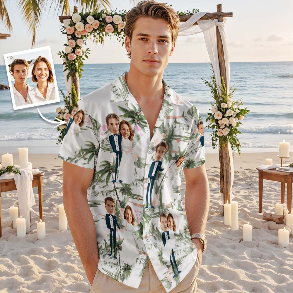 Personalized Face Hawaiian Shirt Wedding Tropical Green Flamingo Face Hawaiian Shirt Wedding Favor - MyFaceUnderwearAU