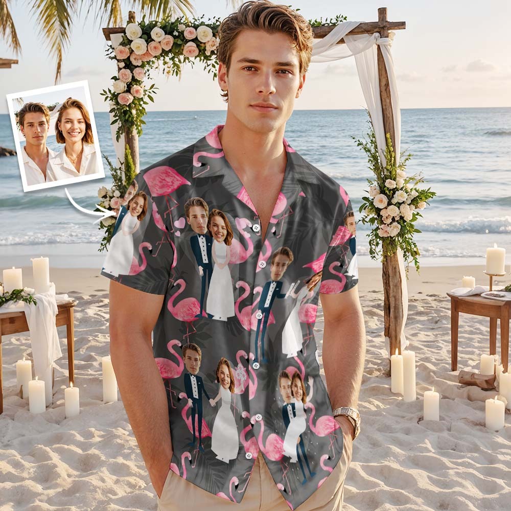 Personalized Face Hawaiian Shirt Wedding Tropical Green Flamingo Face Hawaiian Shirt Wedding Favor - MyFaceUnderwearAU