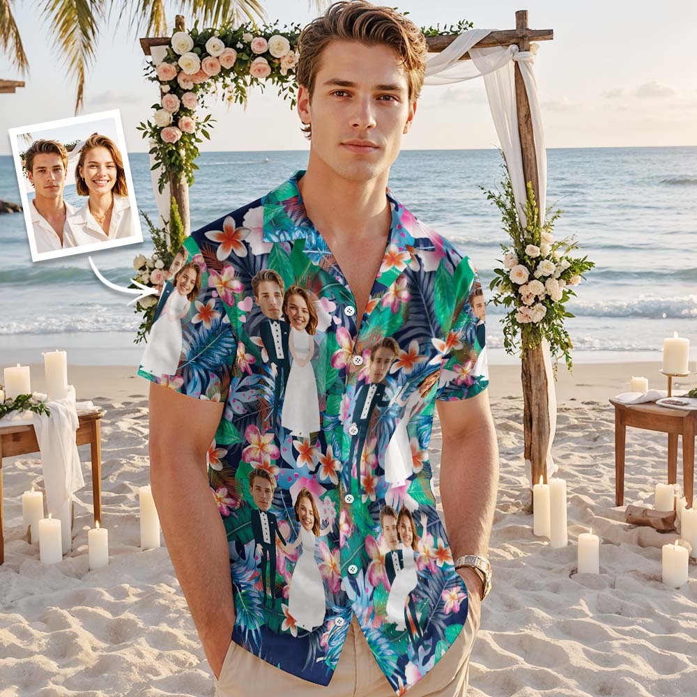 Personalized Face Hawaiian Shirt Wedding Tropical Green Flamingo Face Hawaiian Shirt Wedding Favor - MyFaceUnderwearAU