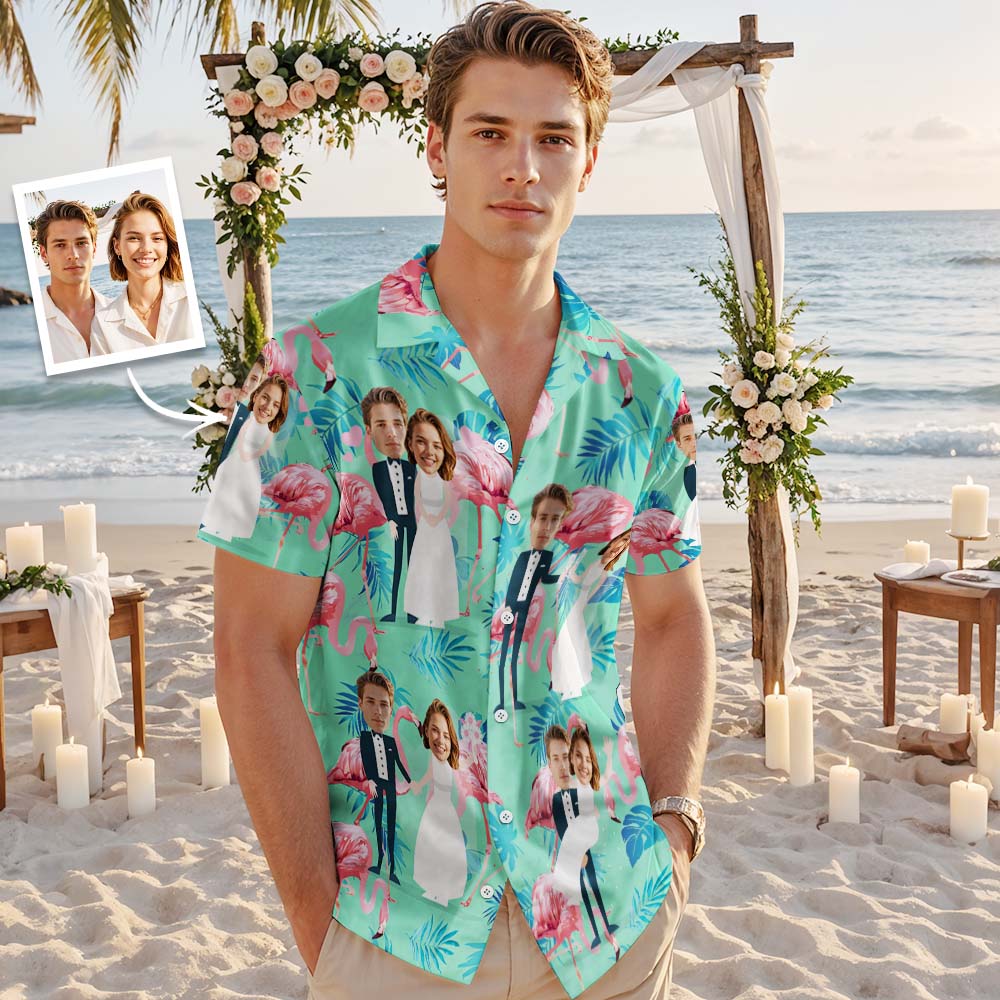 Personalized Face Hawaiian Shirt Wedding Tropical Green Flamingo Face Hawaiian Shirt Wedding Favor - MyFaceUnderwearAU
