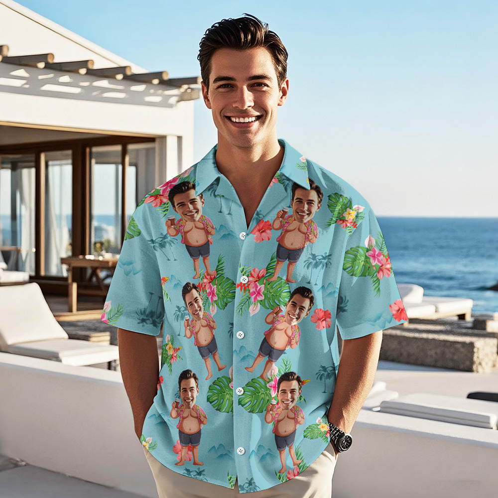 Custom Funny Face Hula Dancing Gift For Men Personalized Photo Hawaiian Shirts - MyFaceUnderwearAU