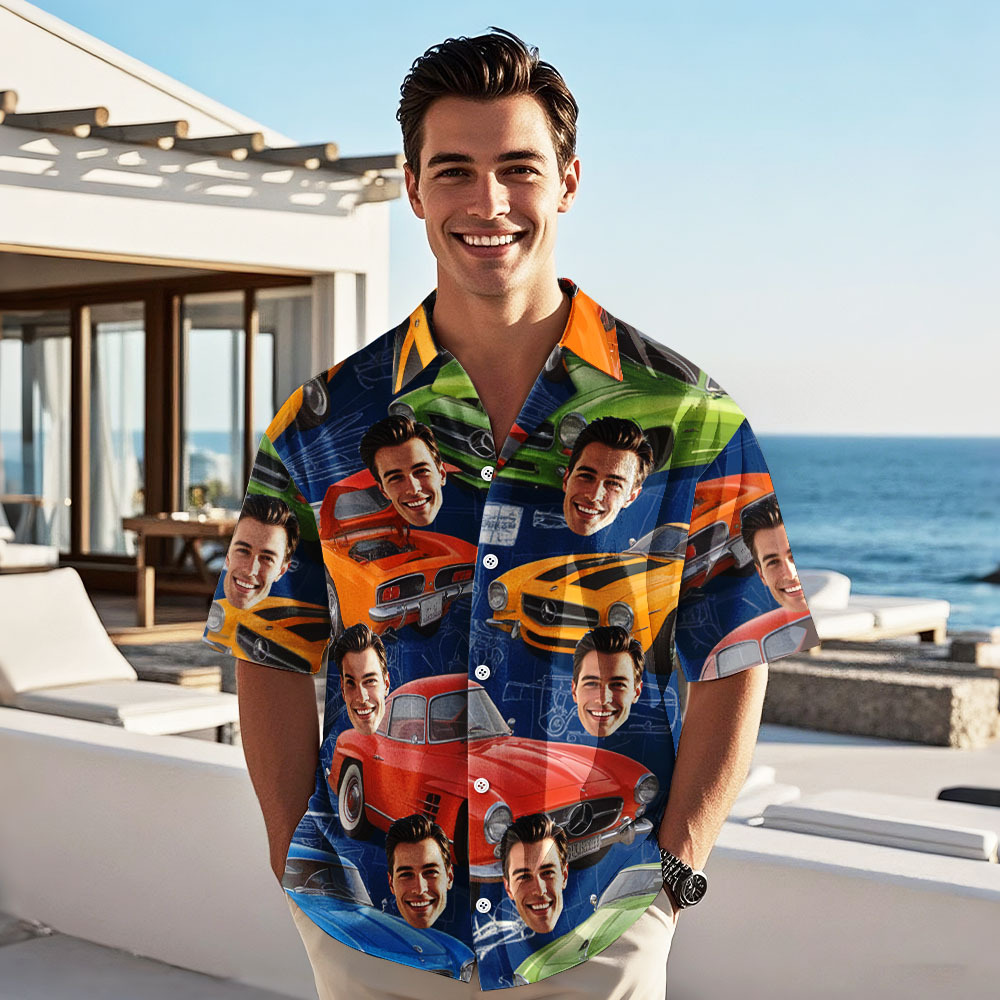 Custom Face Hawaiian Shirt Classic Flower Car Photo Hawaiian Shirt Gift for Him - MyFaceUnderwearAU