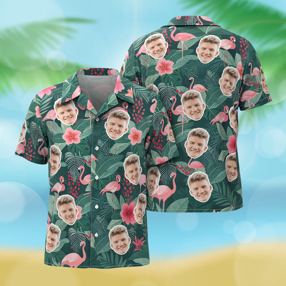 Custom Hawaiian Shirt Green Flower Flamingo Photo Hawaiian Shirt Funny Vacation Party Shirts - MyFaceUnderwearAU