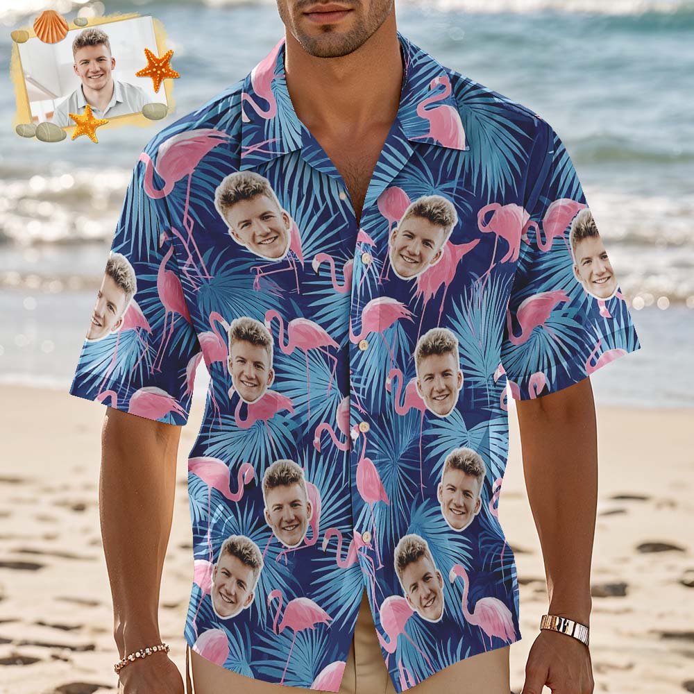 Custom Hawaiian Shirt Blue Flower Flamingo Photo Hawaiian Shirt Funny Vacation Party Shirts - MyFaceUnderwearAU